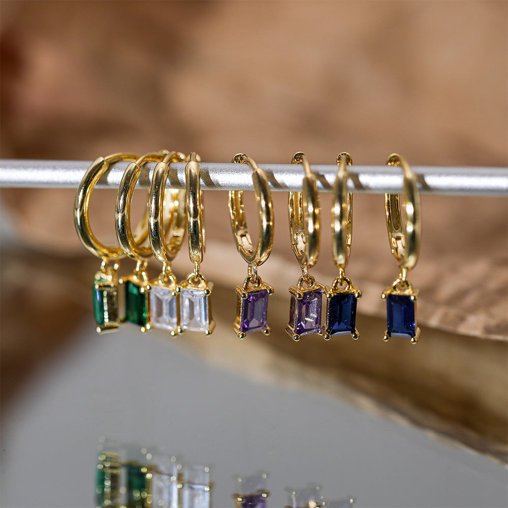 Gold-Plated Colorful Rectangular Mini Zircon Earrings