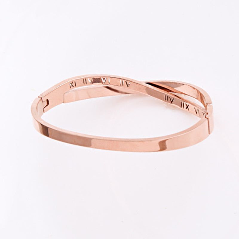 Rose Gold Roman Numeral Cross Titanium Bracelet for Women