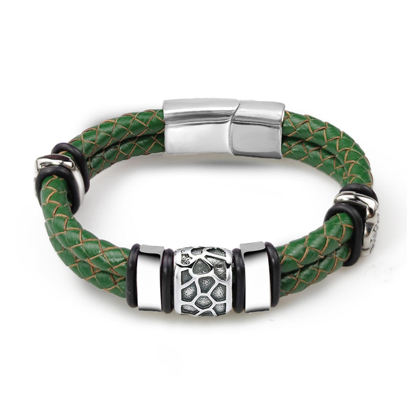 Men's Vintage Genuine Leather & Stainless Steel Bracelet
