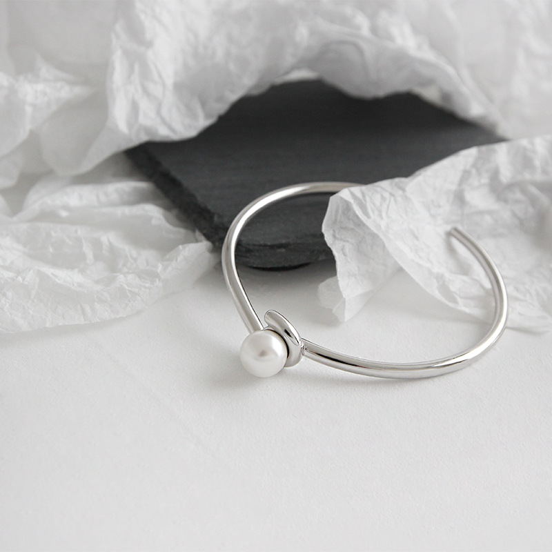 Open Bangle Bracelet with Shell Pearls and Silver