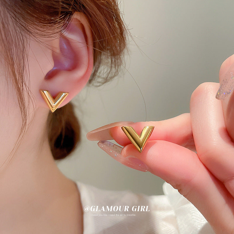 Gold Titanium Steel V-Shaped Earring and Necklace Set