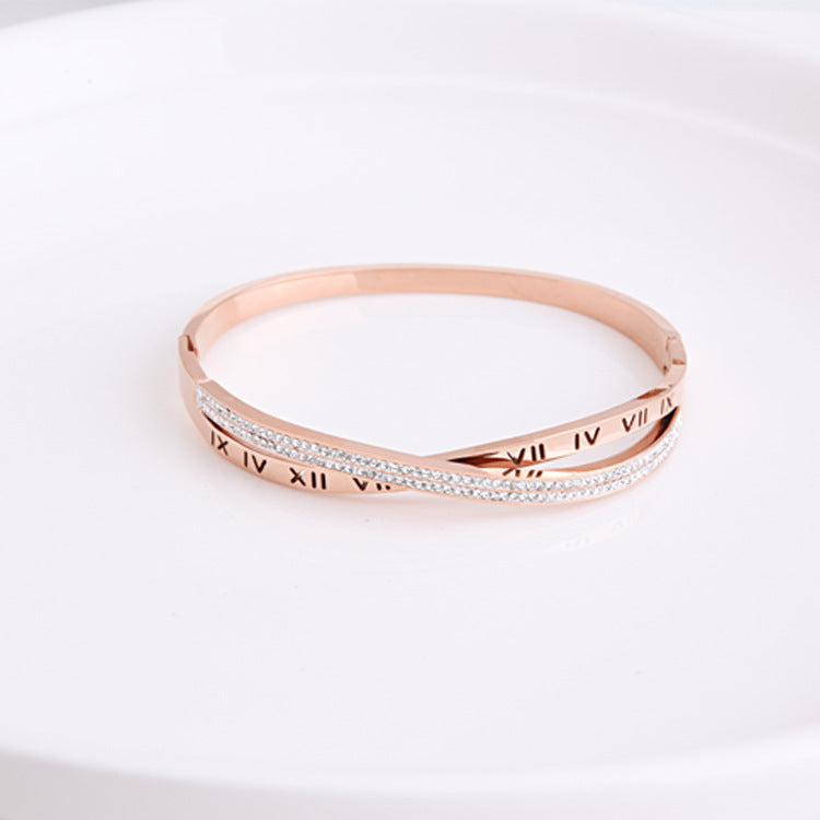 Rose Gold Roman Numeral Cross Titanium Bracelet for Women