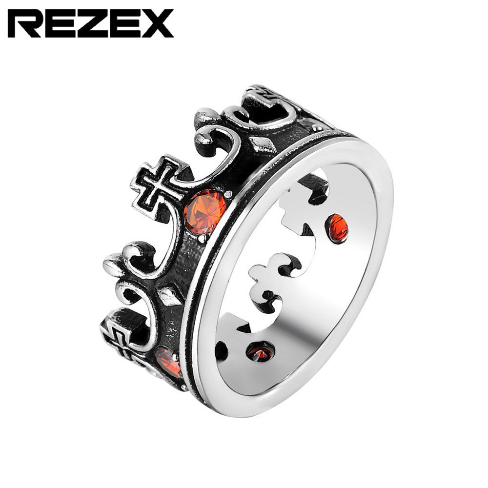 Gothic Titanium Steel Vintage Ring with Ruby Crown