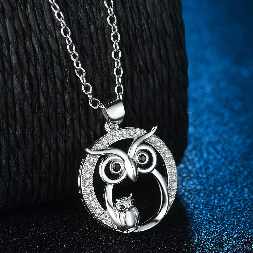 Platinum Plated Owl Necklace with Diamond Pendant