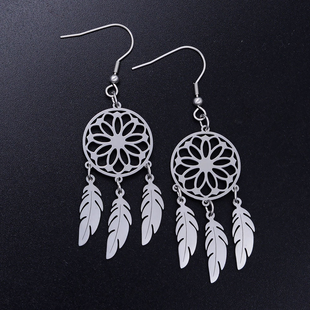 Titanium Steel Dreamcatcher Earrings with Lotus Pendant