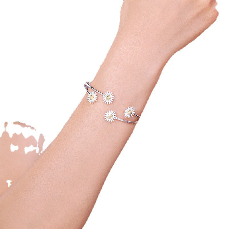 Silver Daisy Open Bangle Bracelet in Minimalist Style