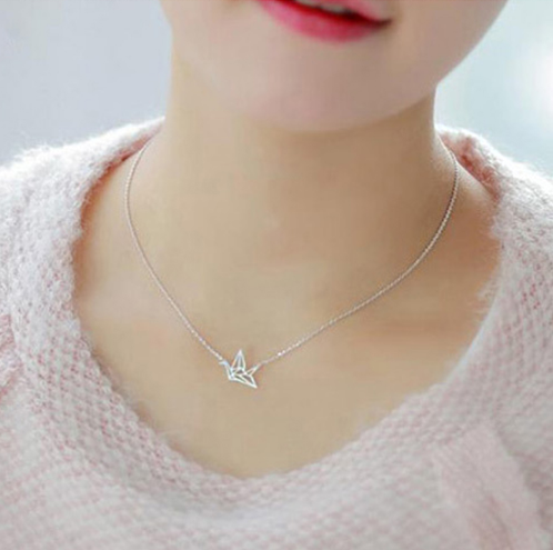 Silver Pendant Necklace with Origami Crane Design
