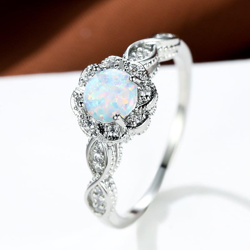 Platinum Round Opal Flower Ring