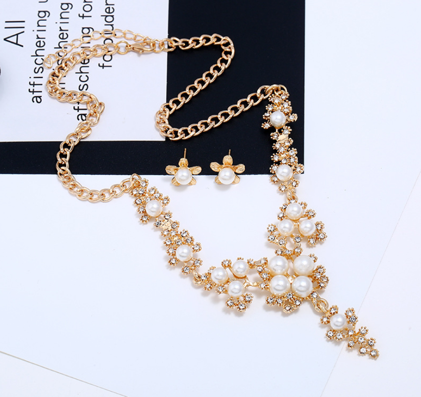 Pearl and Rhinestone Earring Necklace Set