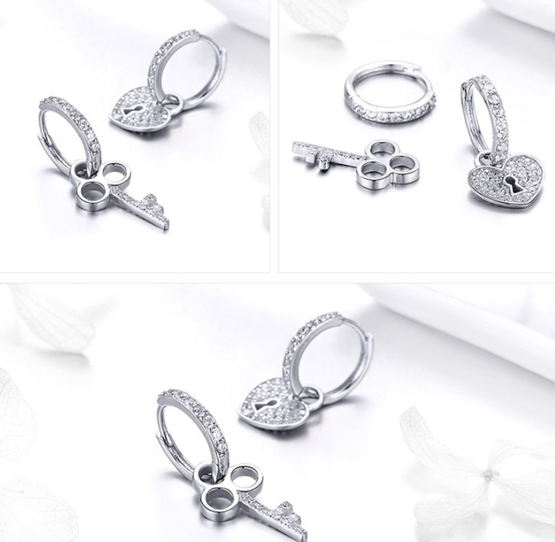 Love Lock Asymmetrical Ear Studs in Platinum Plating