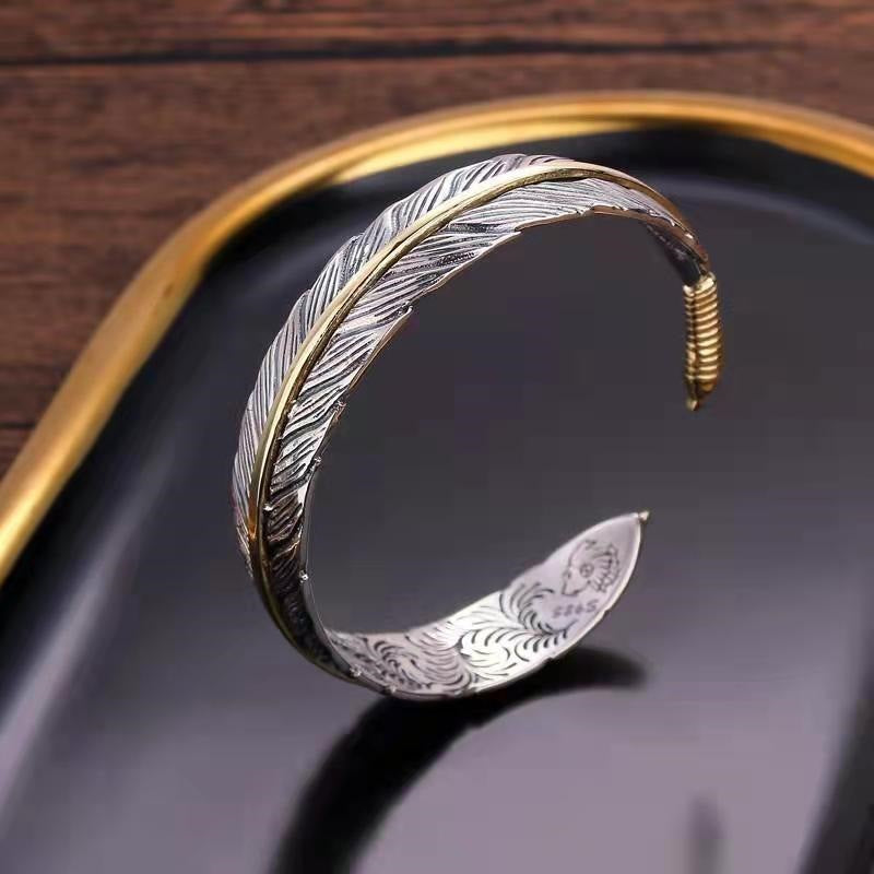 Vintage Silver Open Bangle with Feather Design