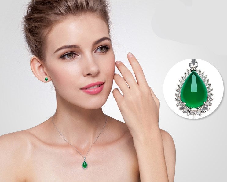 Green Agate Silver Pendant, Vintage 925 Necklace
