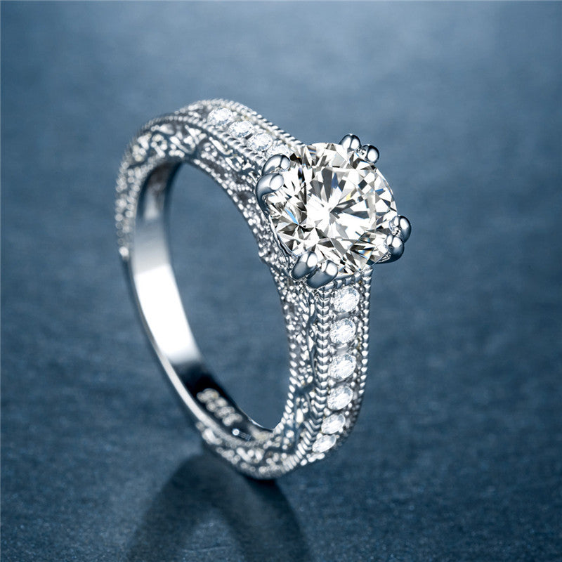 Zircon Ring, Platinum-Plated Band, European Jewelry
