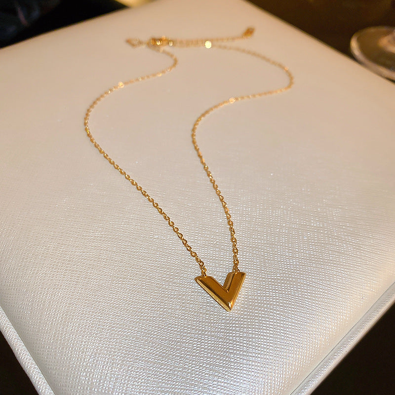 Gold Titanium Steel V-Shaped Earring and Necklace Set
