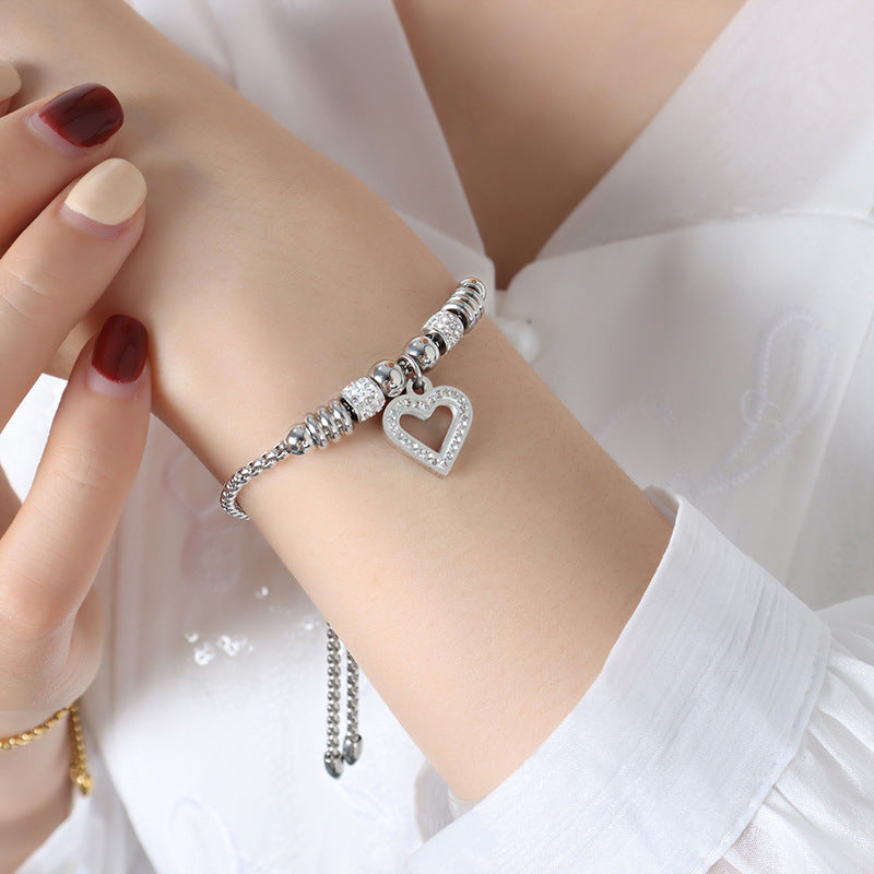 Exaggerated Hip Hop Peach Heart Studded Titanium Bracelet