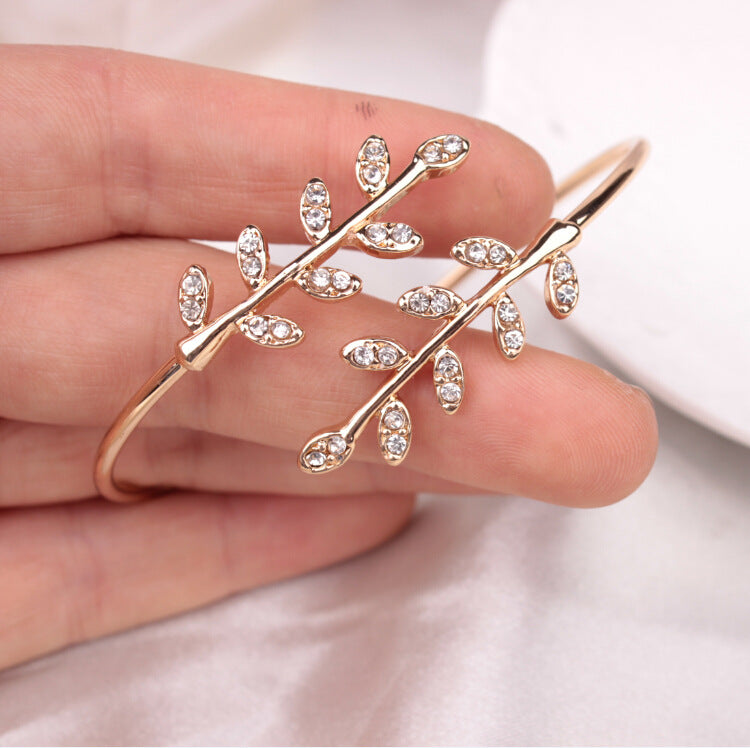 Adjustable Leaf Bangle with Rhinestones Bracelet