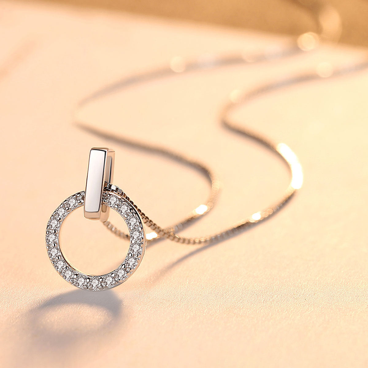 S925 Silver Box Chain Necklace with Zircon Pendant
