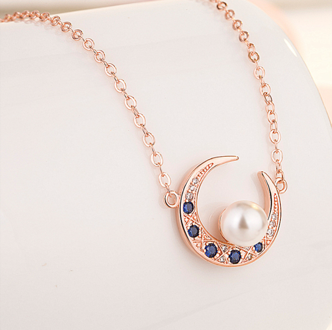 Natural Freshwater Pearl Necklace with Blue Zircon Pendant