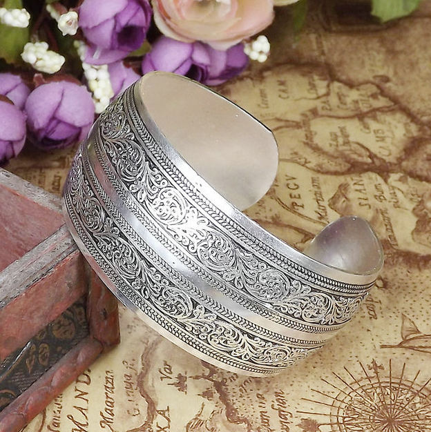 Ethnic Silver Bangle, Ancient Open-Style Bracelet