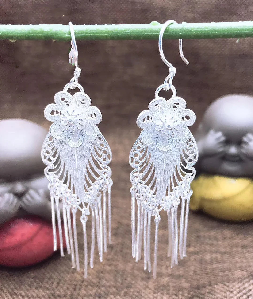 Handmade Miao Silver Flower Tassel Earrings 999 Fine Silver