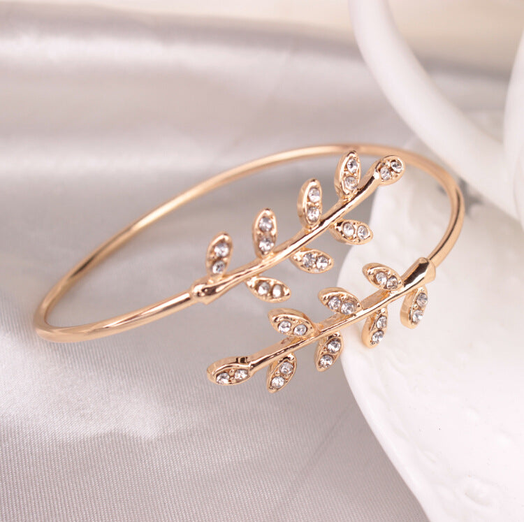 Adjustable Leaf Bangle with Rhinestones Bracelet