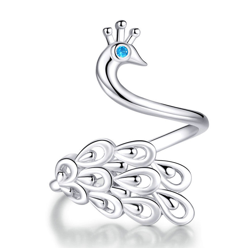 Platinum-Plated Peacock Design Silver Ring