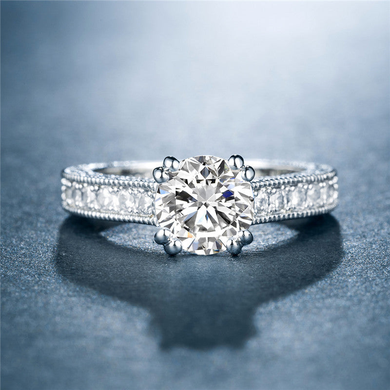 Zircon Ring, Platinum-Plated Band, European Jewelry