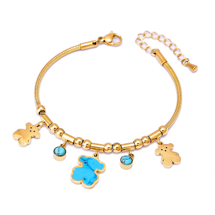Colorful Geometric Snake Bone Bracelet with Bear & Charms