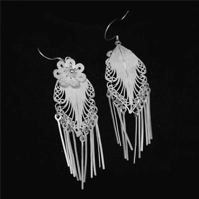 Handmade Miao Silver Flower Tassel Earrings 999 Fine Silver