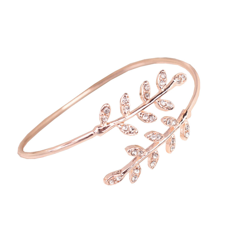 Adjustable Leaf Bangle with Rhinestones Bracelet