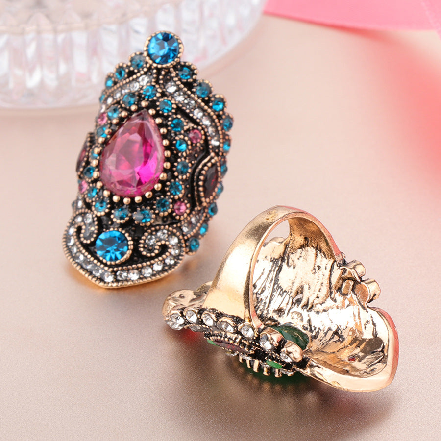 Gold Plated Vintage Ring with Blue Crystal (Sizes 7-12)