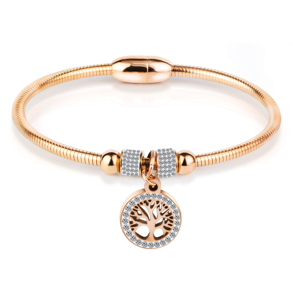 LifeTree Diamond-Studded Titanium Steel Bracelet for Women