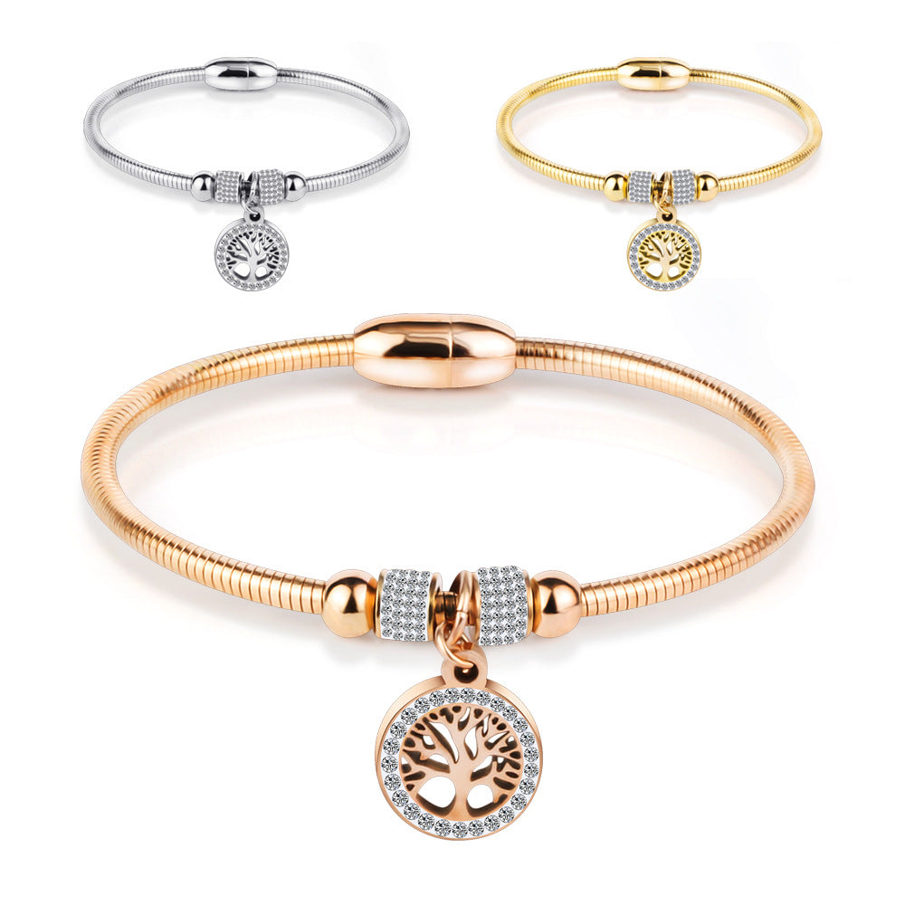 LifeTree Diamond-Studded Titanium Steel Bracelet for Women