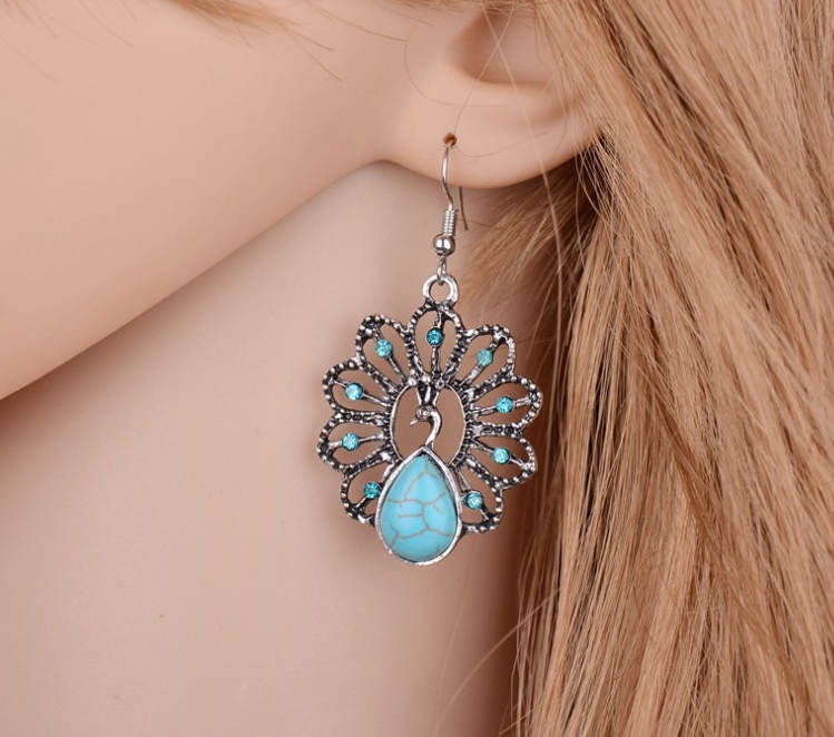 Peacock Earrings with Turquoise Drops