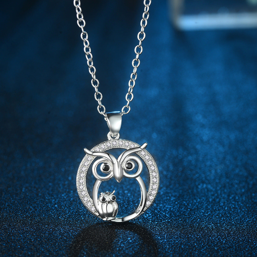 Platinum Plated Owl Necklace with Diamond Pendant